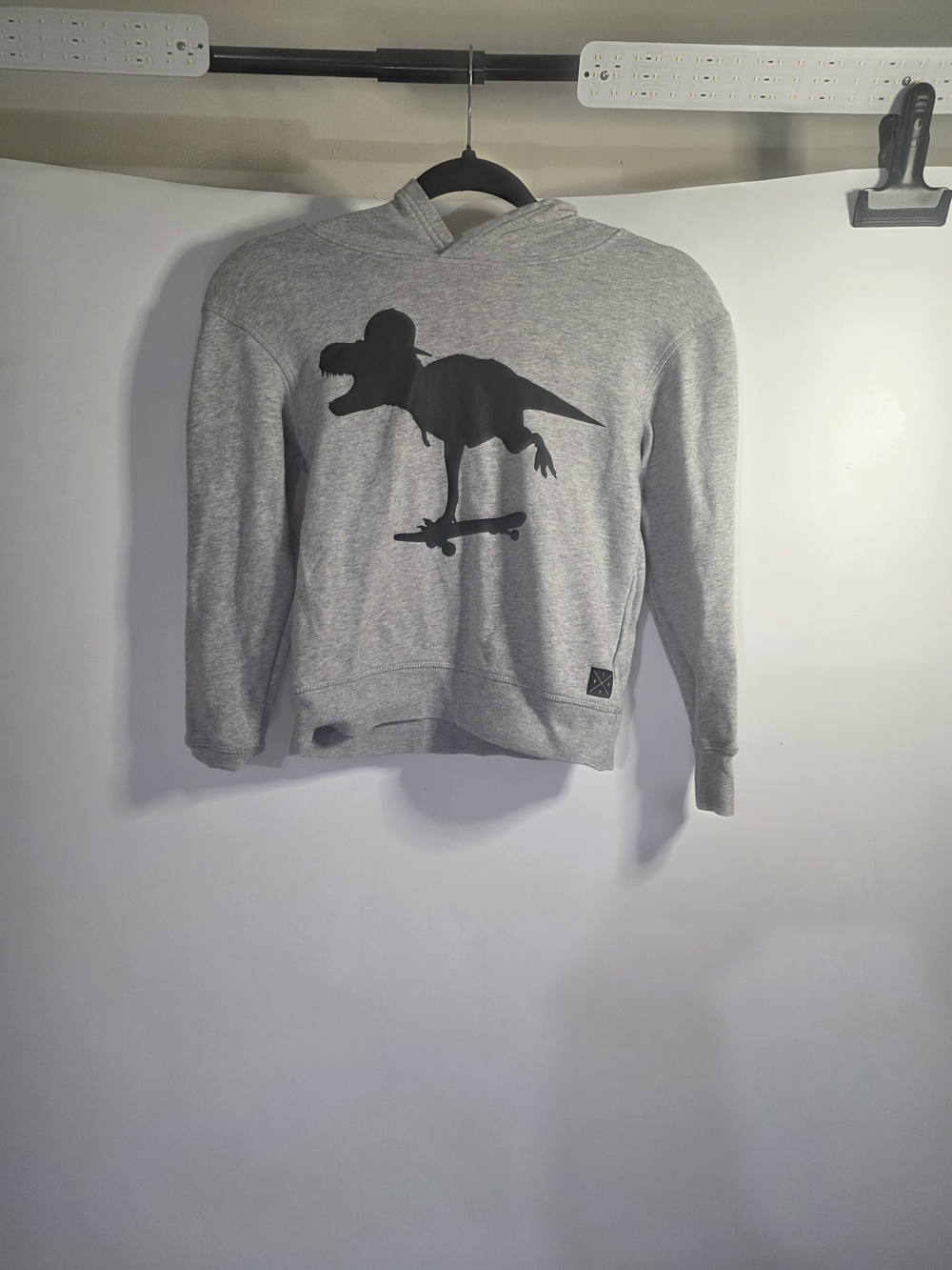 H&M Gray Hoodie with Black Skateboarding Dinosaur Graphic Size 6 To 8 Years.